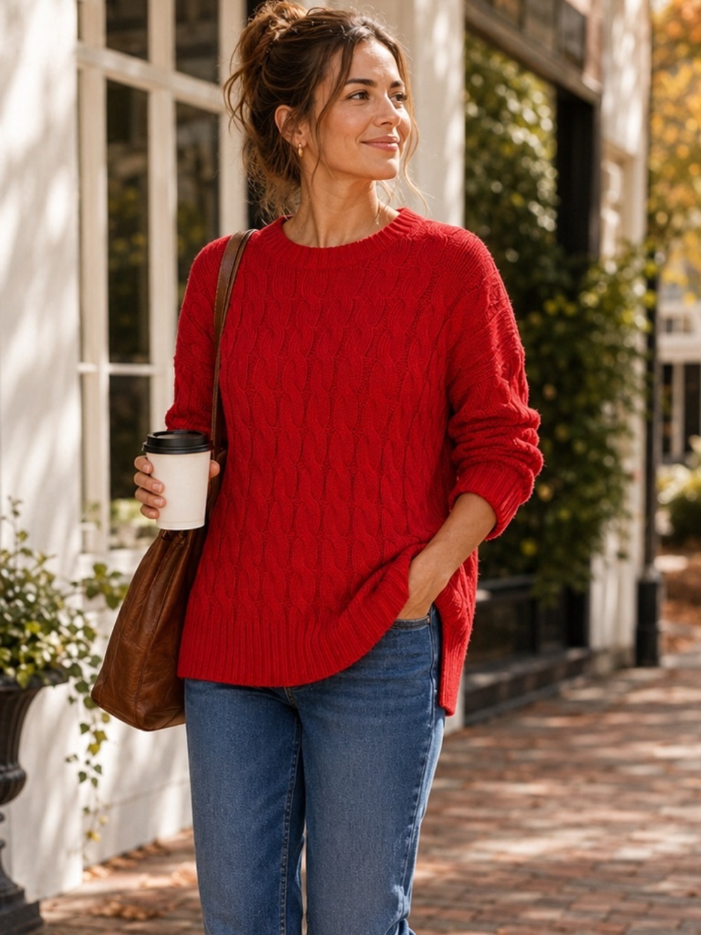 J. Crew Cherry Red Cotton Blend Cable Knit Side Slit Women’s Sweater Sz S/M